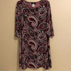 MSK 3/4 Sleeve Dress Round Neck Paisley Design Size L Multicolor Stretch  USA